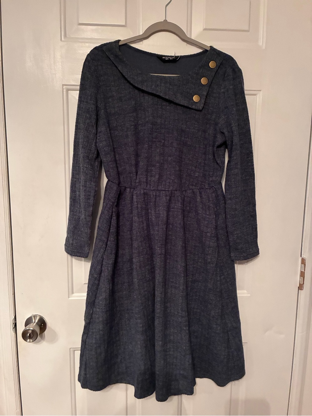 BloomChic Long Sleeve Knit Dress with Asymmetric Button Neck - Blue Gray